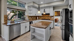 A modern kitchen with white cabinets, granite countertops, a built-in dishwasher, and a large island.