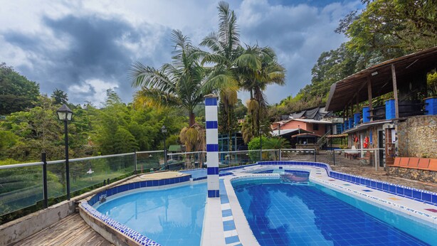 Una piscina con muelle de madera, rodeada de palmeras y un muro de piedra.