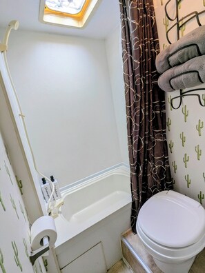 Hair dryer, towels, soap, toilet paper