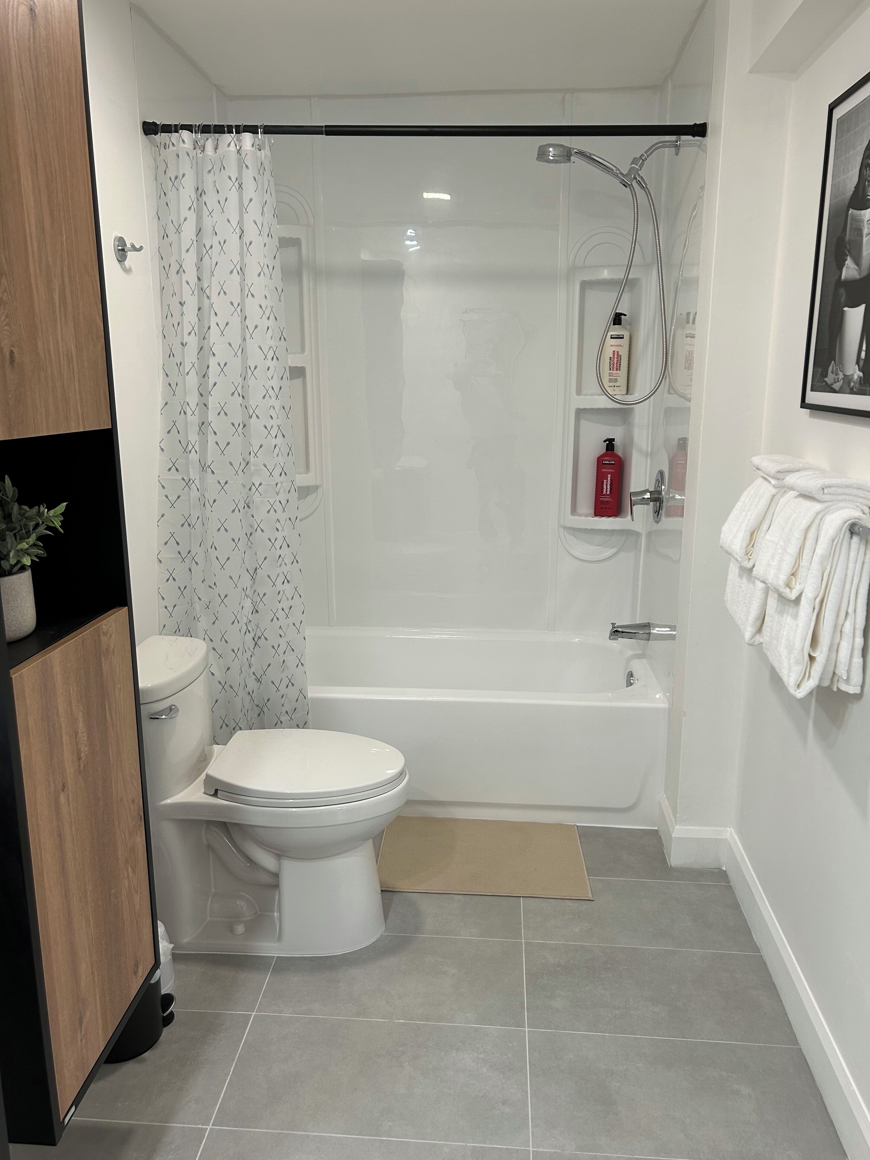 Hair dryer, towels, soap, toilet paper