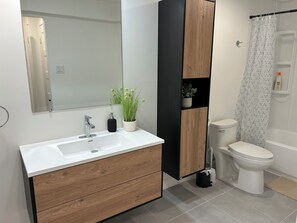 Secadora de cabello, toallas, jabón, papel de baño 