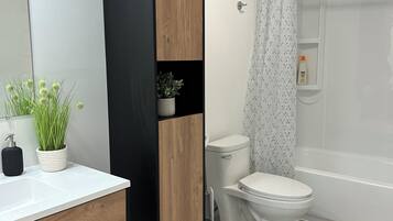 Hair dryer, towels, soap, toilet paper