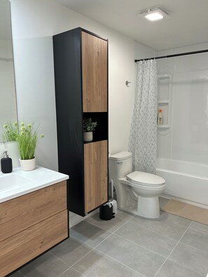 Sèche-cheveux, serviettes fournies, savon, papier toilette