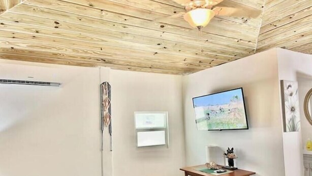 A bedroom with a bed, a ceiling fan, a TV, and a small table with chairs.