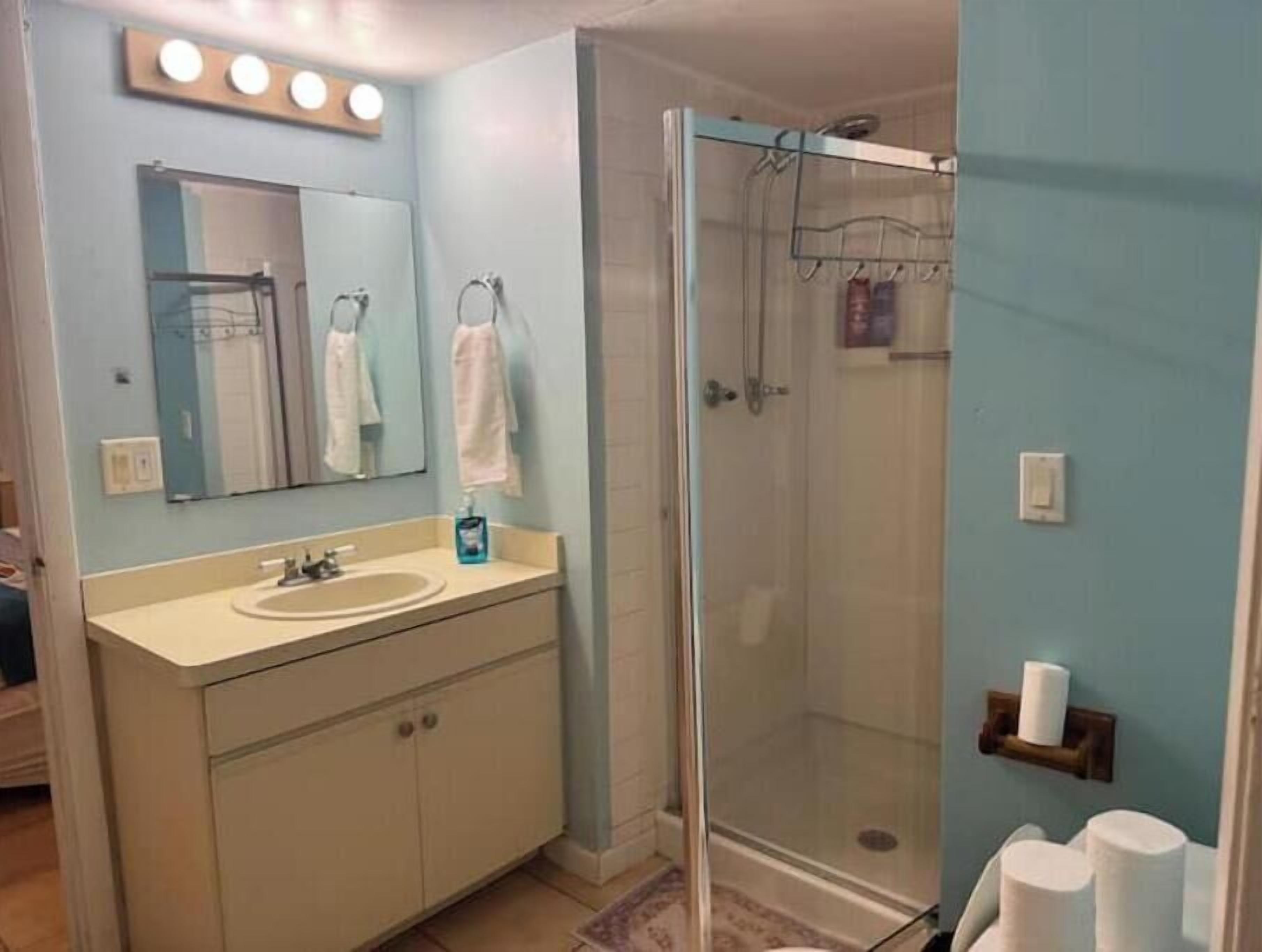 Une salle de bain avec un lavabo, un miroir et une douche en verre.