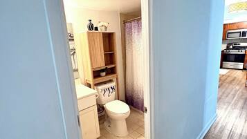 Hair dryer, bidet, towels, soap