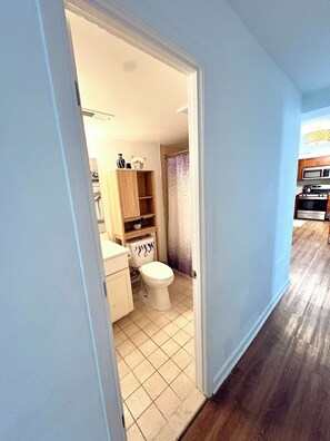 Hair dryer, bidet, towels, soap