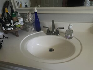 Hair dryer, towels, soap, toilet paper