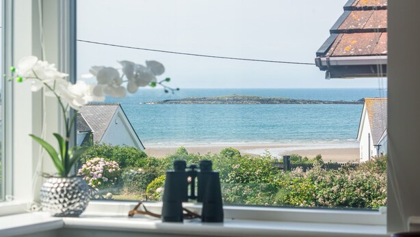 Vista desde una ventana a una playa con cielo despejado, una orquídea en maceta, unos binoculares y una parte de una casa con tejado de baldosas.