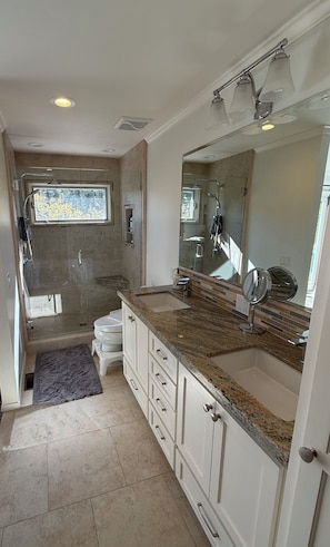 Hair dryer, towels, soap, shampoo