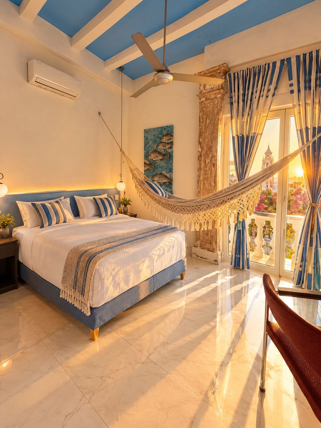 A bedroom with a bed, a hammock, a ceiling fan, and a view of the outside.