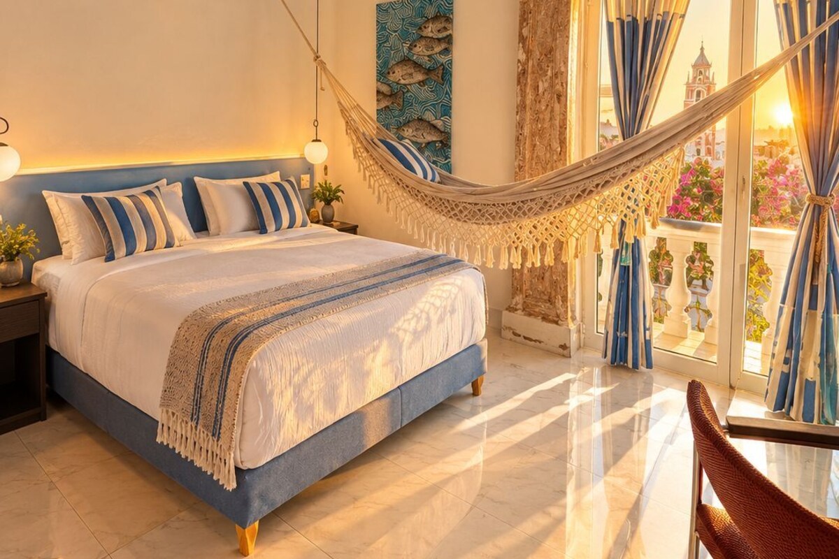 A bedroom with a bed, a hammock, a ceiling fan, and a view of the outside.