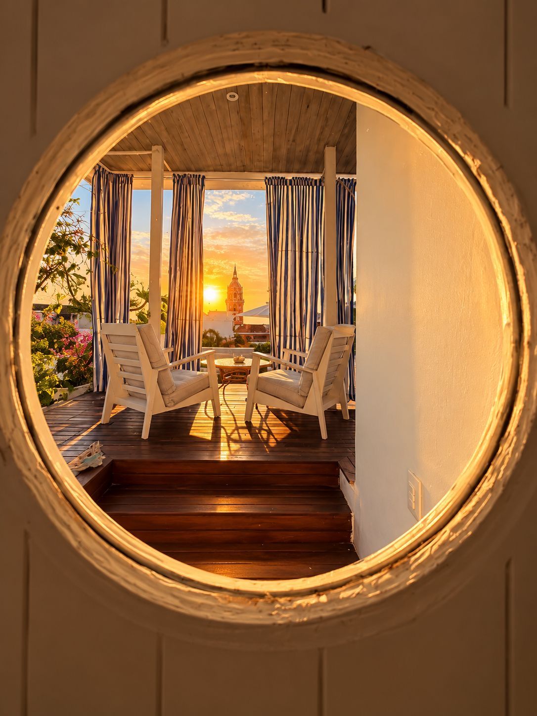 A circular window with a view of a wooden deck, two chairs, and a table.