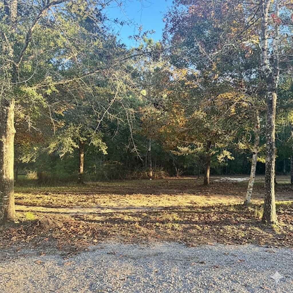 Ett skogsområde med en grusgång och träd.