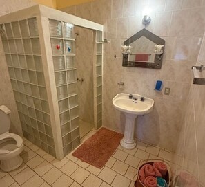 A bathroom with a toilet, a sink, a shower with a glass door, and a towel rack.