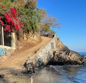 A coastal path with a stone wall, a building with a window, and red flowers.