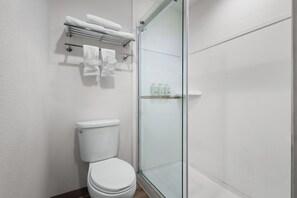 Shower, eco-friendly toiletries, hair dryer, towels