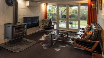 Smart TV, fireplace, books