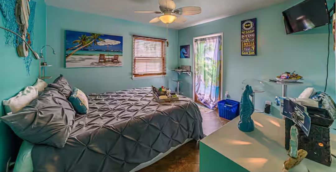 A bedroom with a bed, a ceiling fan, a TV, and a window with blinds.