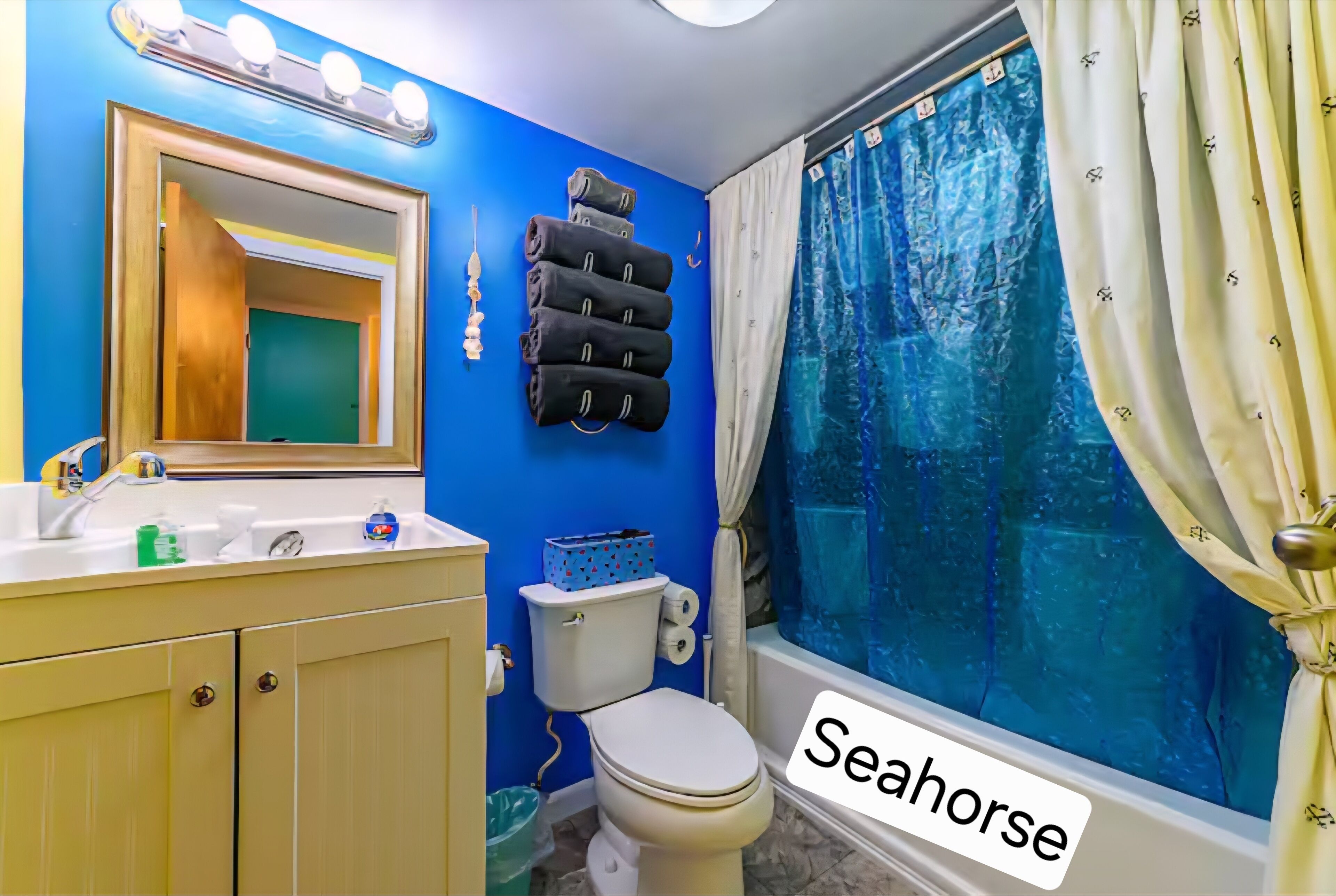 Secadora de cabello, toallas, jabón, papel de baño 