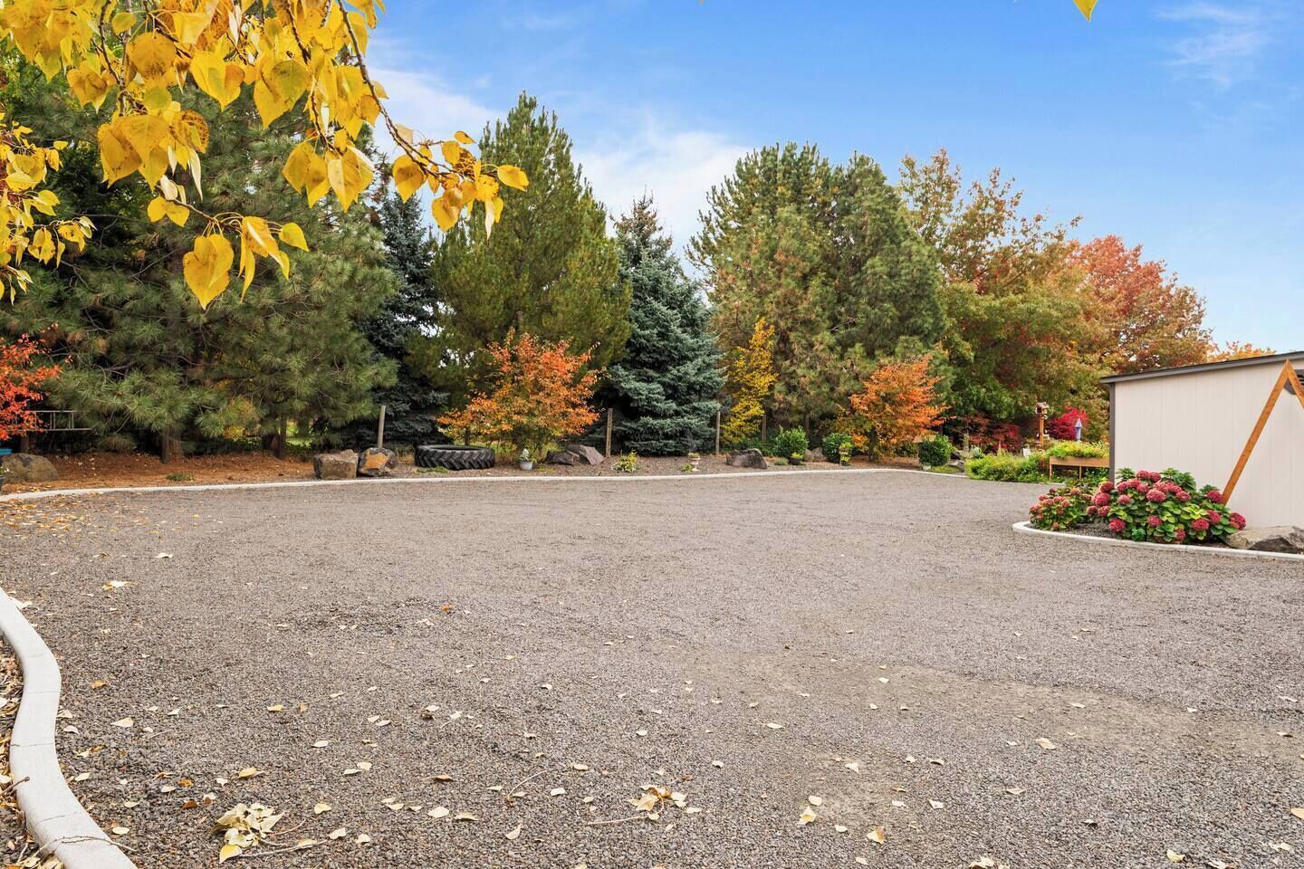 A gravel parking area with trees and a shed.