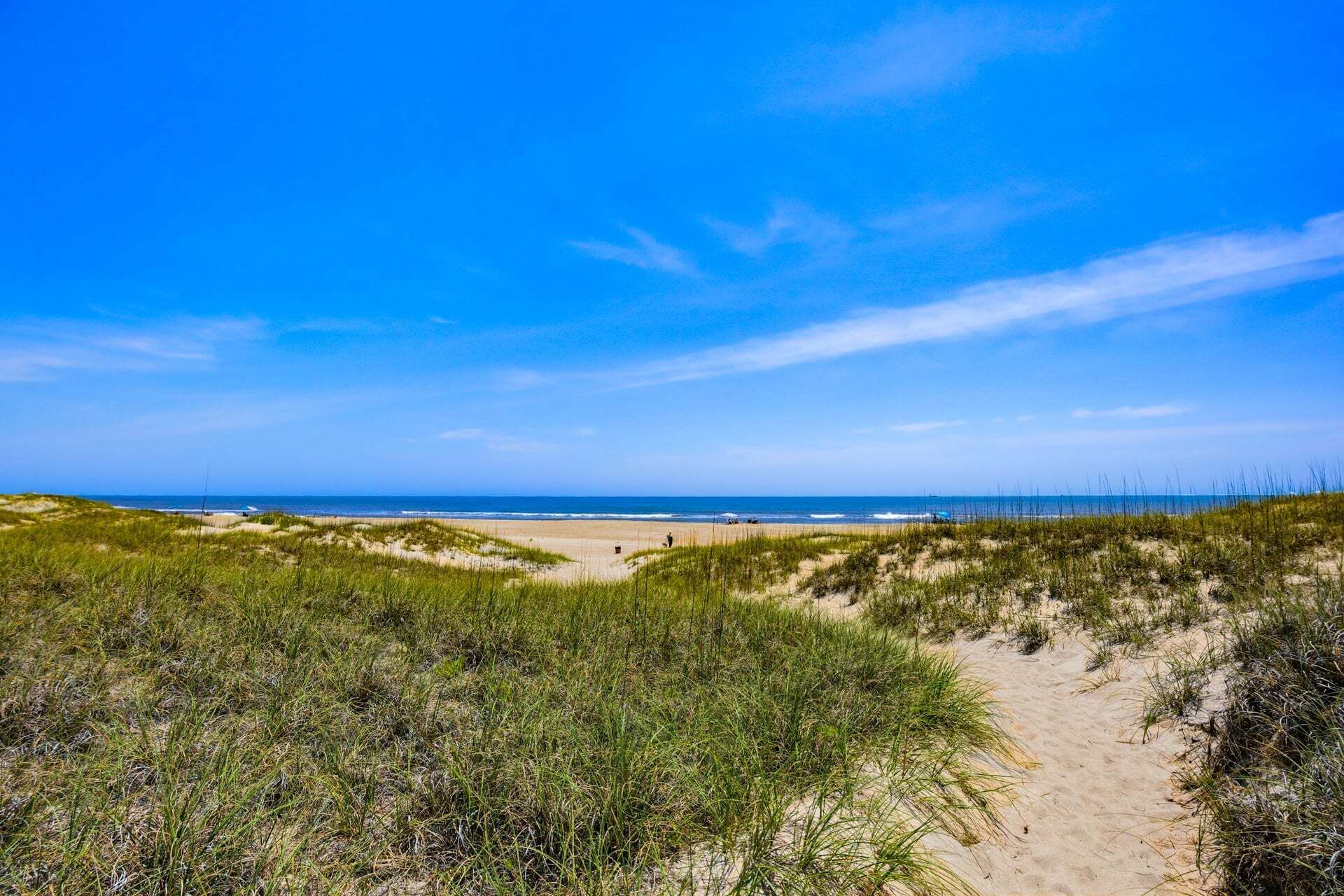 Une plage avec des dunes et un ciel dégagé.