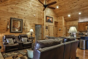 Télévision, cheminée, lecteur de DVD, baby-foot