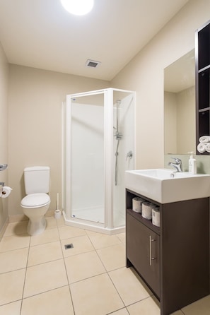 A modern bathroom with a glass-enclosed shower, a toilet, and a vanity with a mirror.