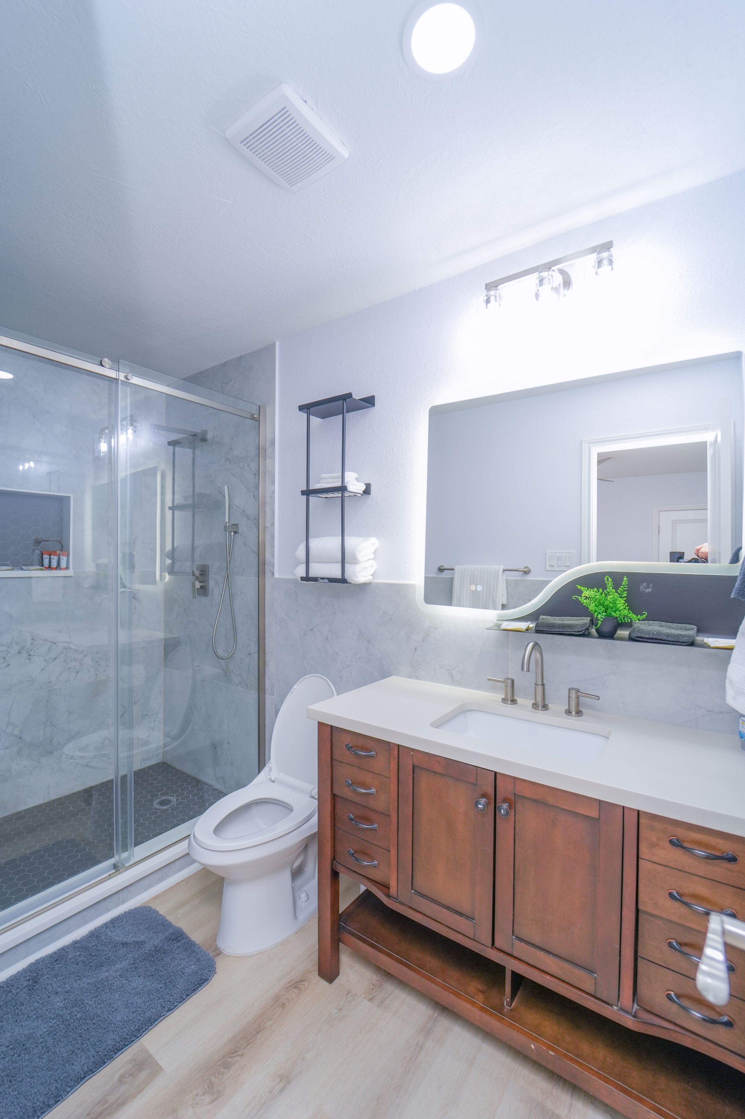 Een moderne badkamer met een douchecabine van glas, een wit toilet, een houten wastafelmeubel met spiegel, en een kleine potplant.