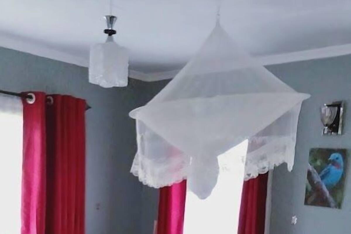 Un letto con biancheria rossa e bianca, un baldacchino bianco e tende rosse.