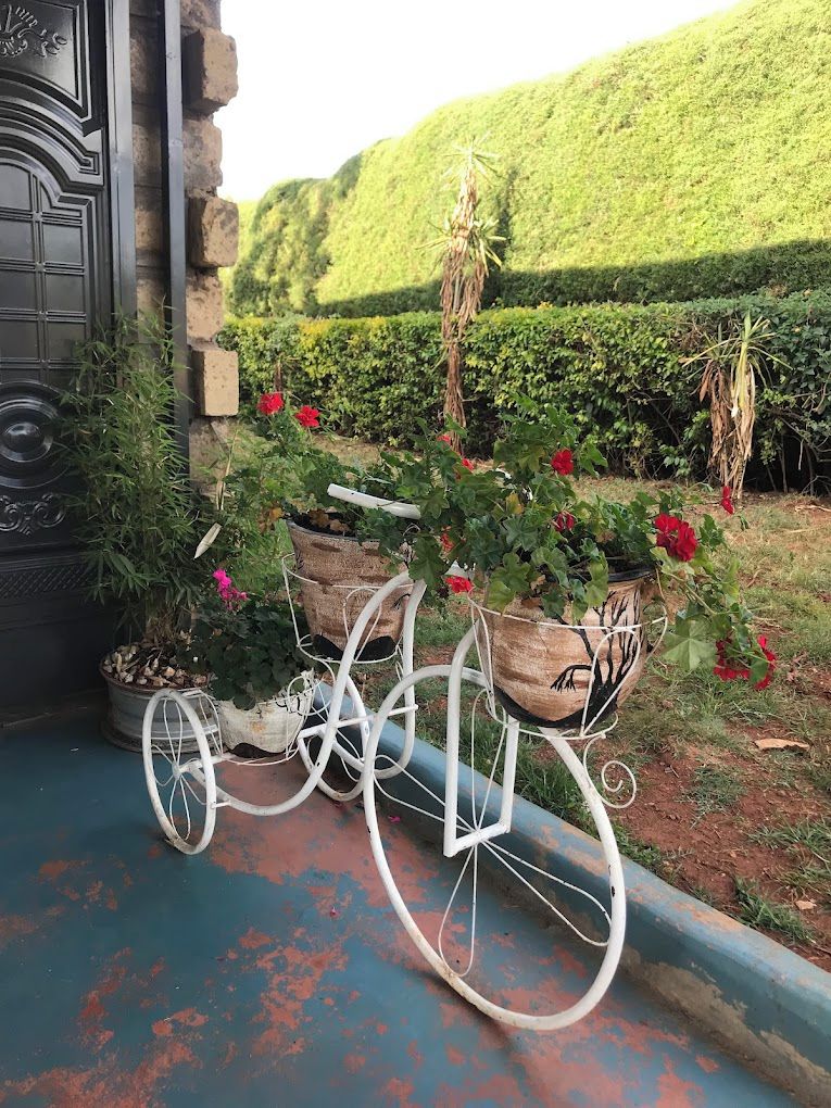 A decorative cart with potted plants and flowers, positioned on a blue-painted surface near a door with a stone wall and a green hill in the background.