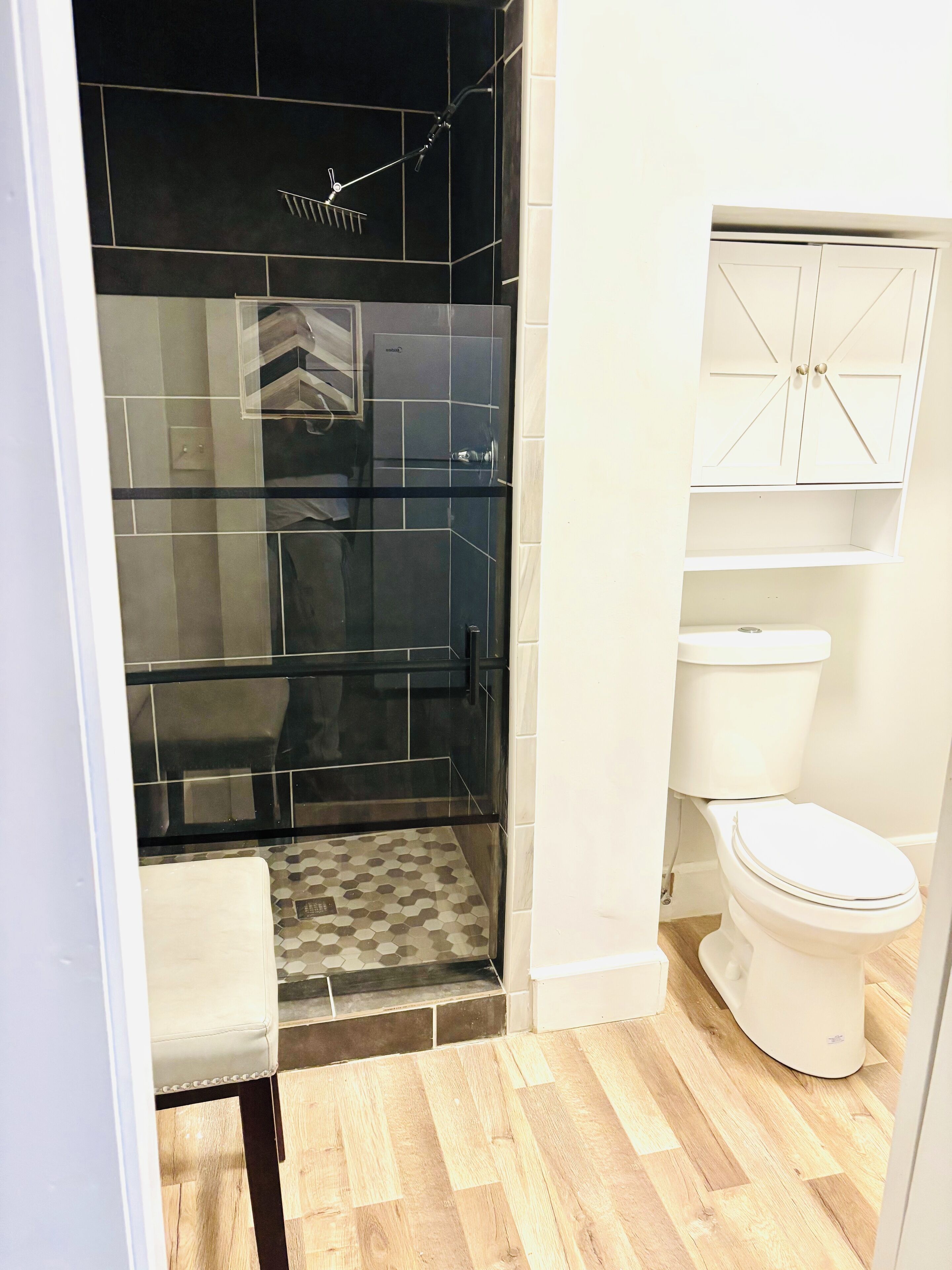 Shower, towels, soap, shampoo