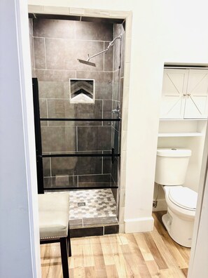 Shower, towels, soap, shampoo