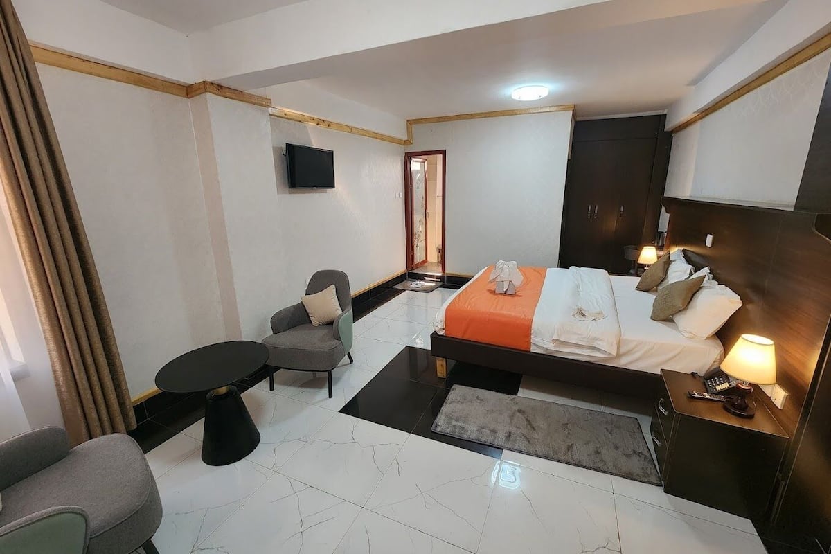 Una camera d'albergo moderna con un letto, una scrivania, una sedia, una TV e una porta.