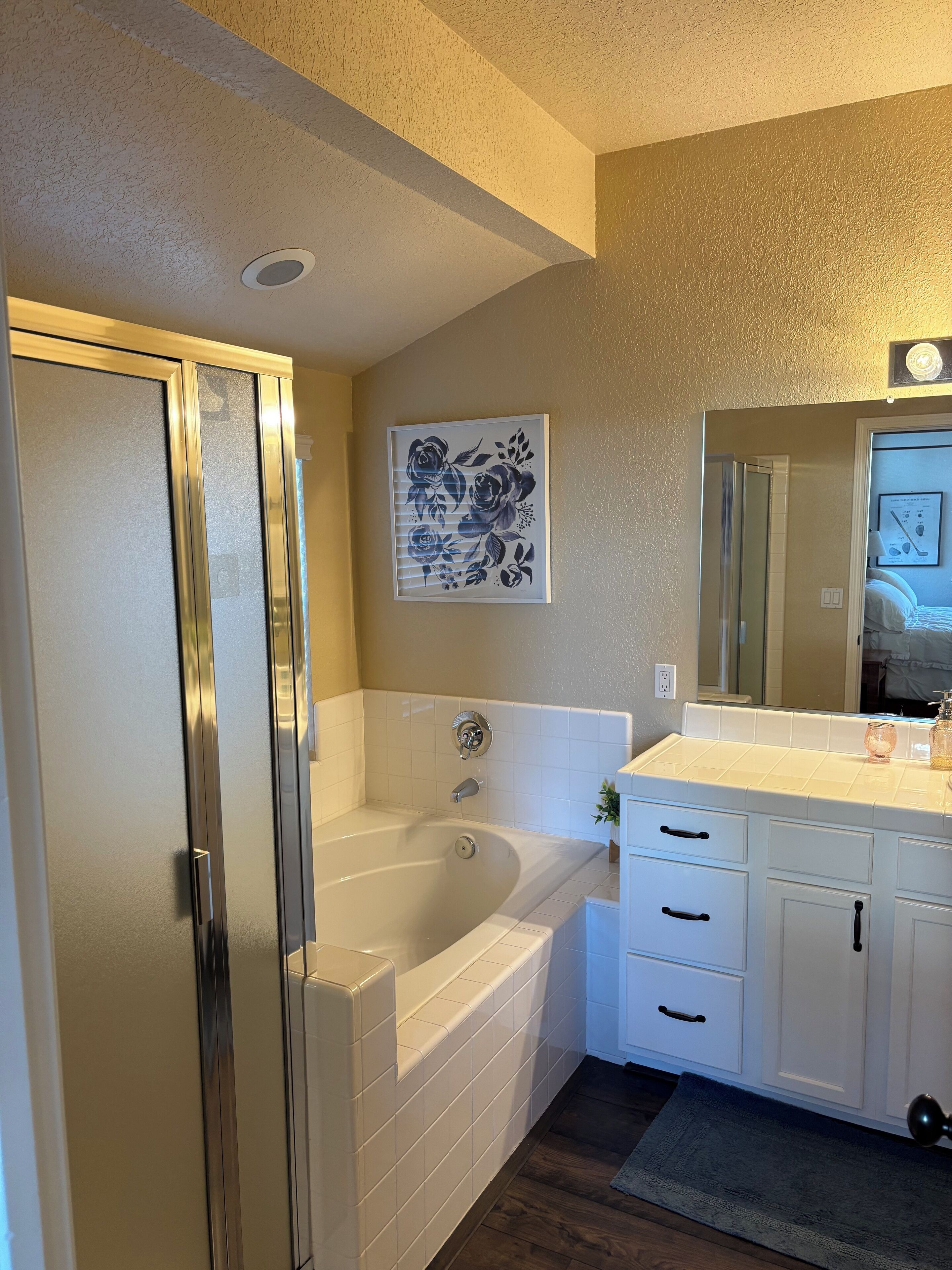 Hair dryer, towels, soap, toilet paper