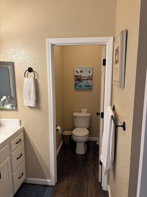 Hair dryer, towels, soap, toilet paper