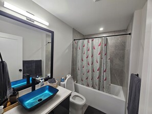 Hair dryer, bidet, towels, soap