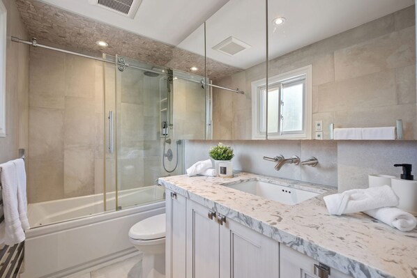 Shower, hair dryer, towels, soap