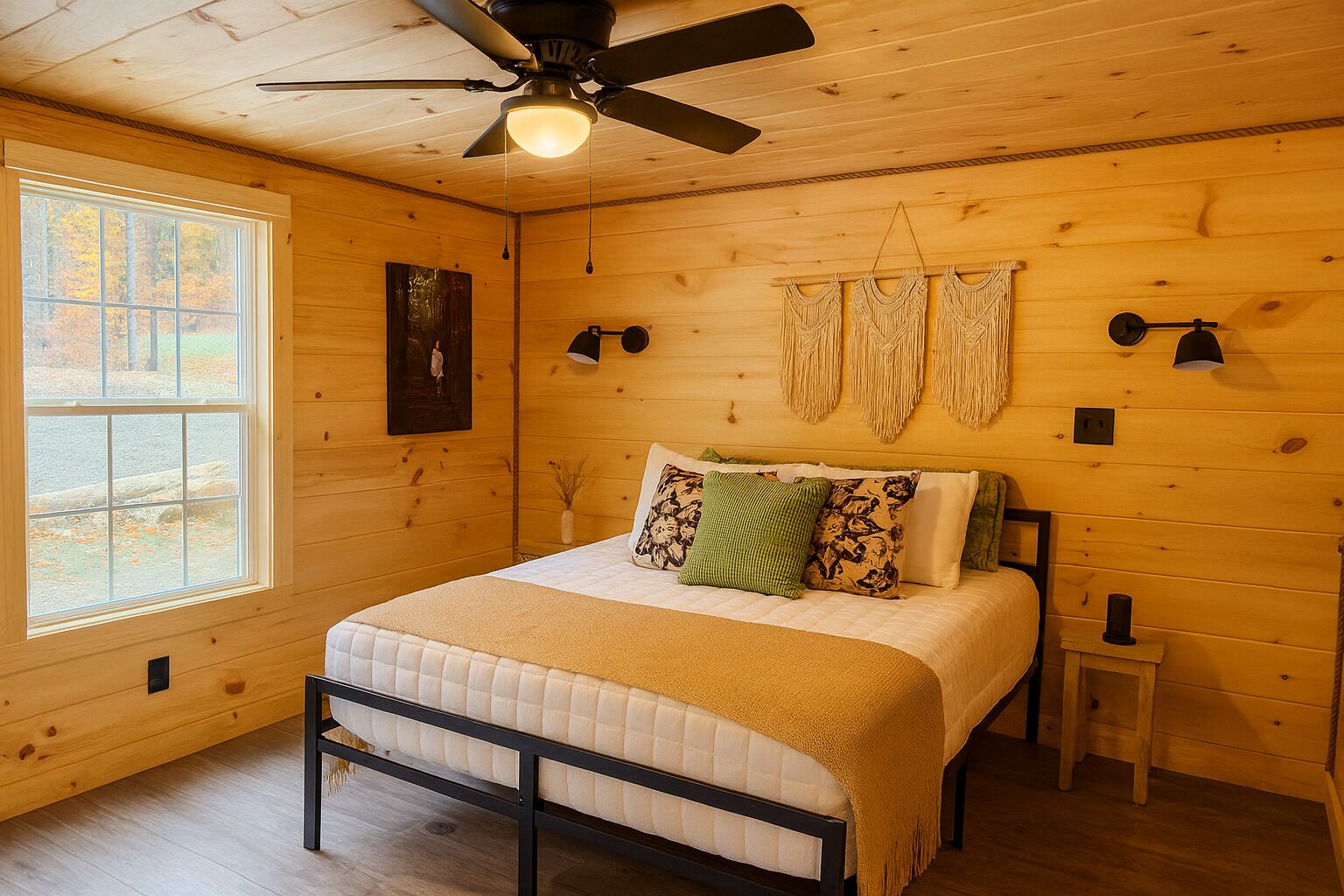 A cozy bedroom with a bed, a ceiling fan, a window, and wooden walls.