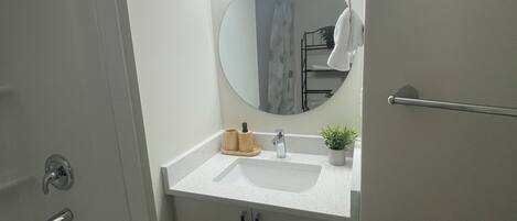 Hair dryer, towels, soap, toilet paper
