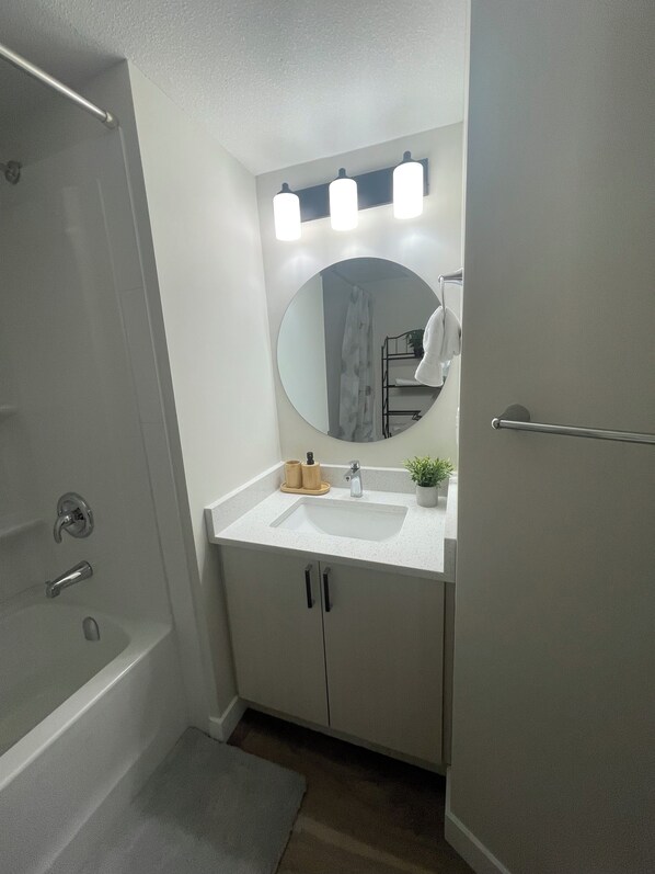 Hair dryer, towels, soap, toilet paper