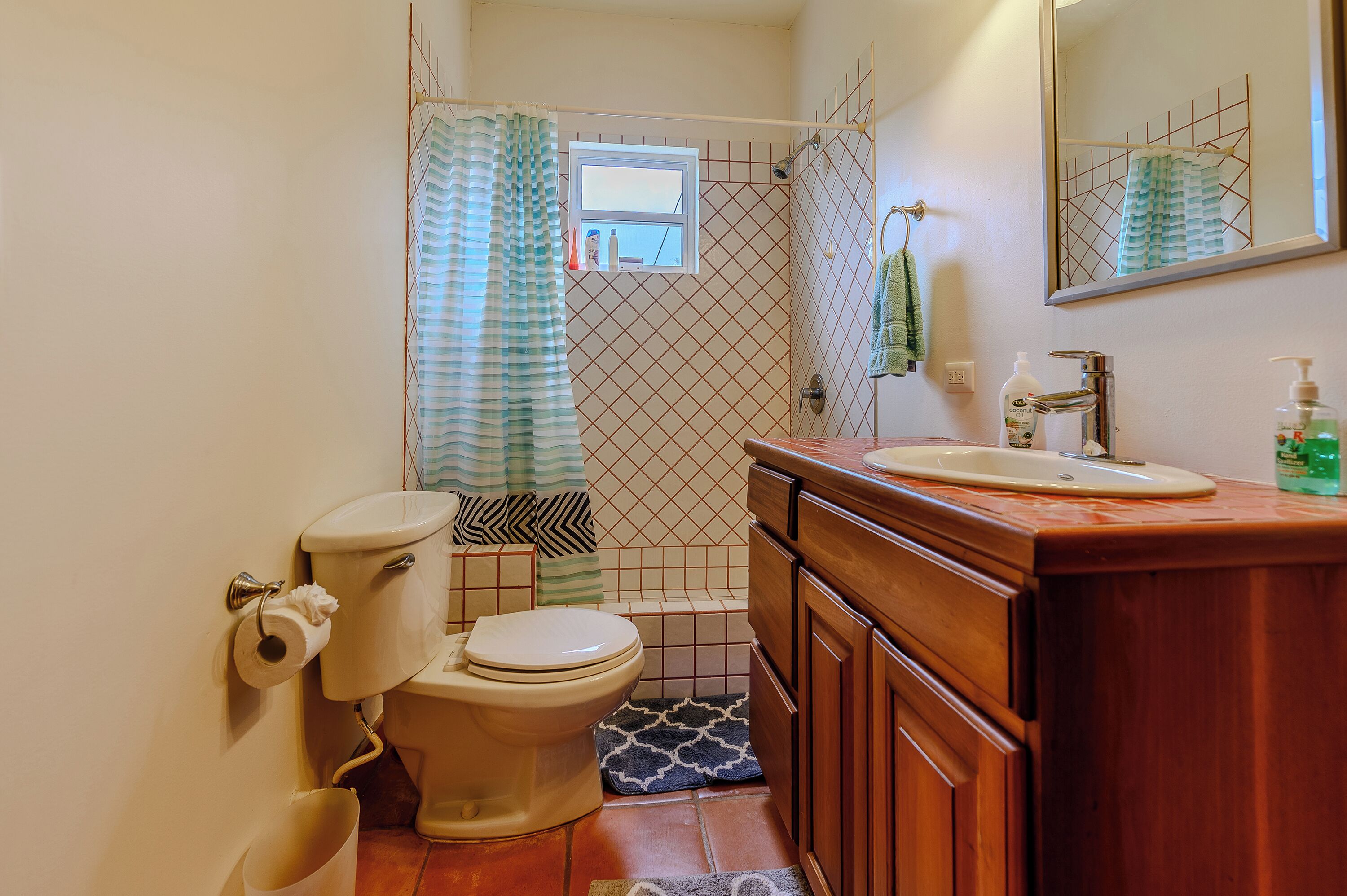 Un baño con inodoro, lavamanos y ducha.