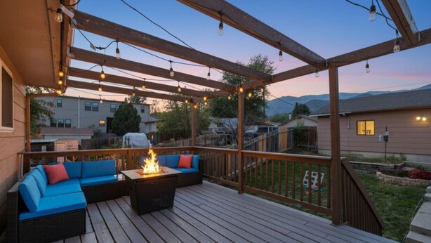 Une terrasse en bois dotée d’un foyer intégré et de mobilier d’extérieur bleu.