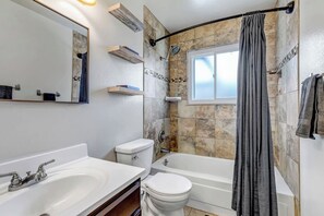 Hair dryer, towels, soap, toilet paper