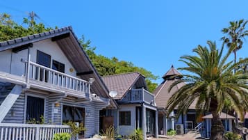 A row of houses with a wooden deck, satellite dishes, and a palm tree.