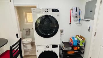Shower, jetted tub, towels, soap