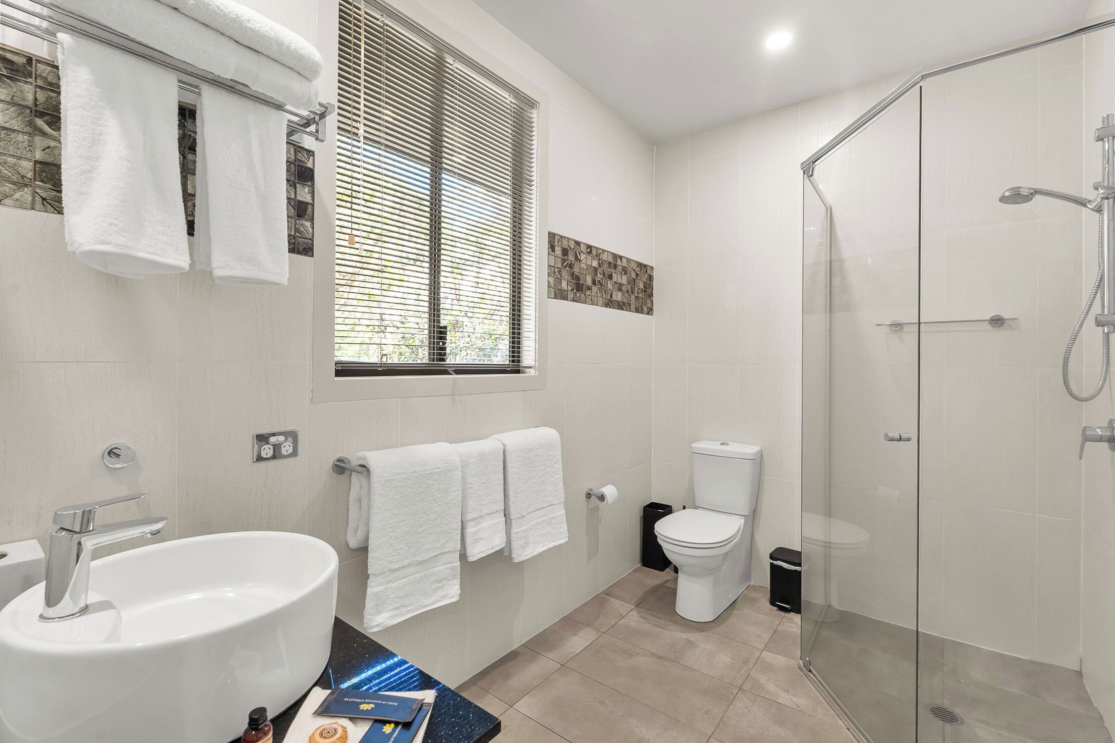 A modern bathroom with a glass-enclosed shower, a white sink, and a toilet.