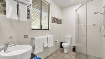 A modern bathroom with a glass-enclosed shower, a white sink, and a toilet.