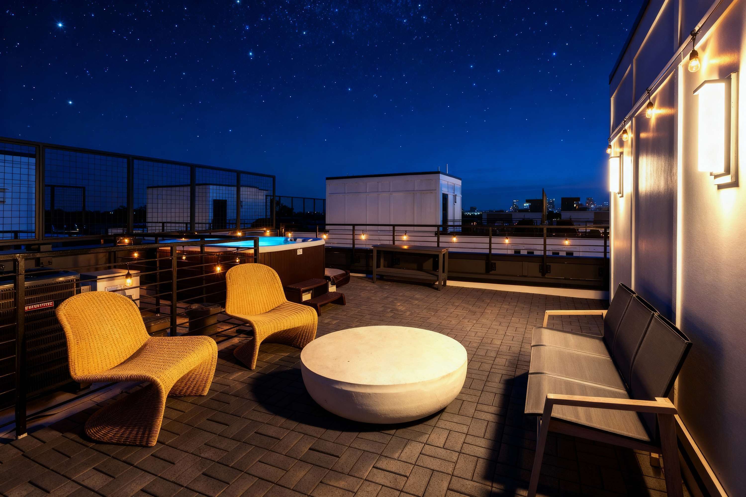 Terraza en la azotea con piscina, zona de estar y vistas al cielo nocturno.