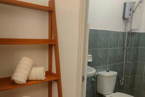 Shower, hair dryer, bidet, towels